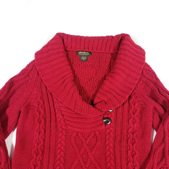 Y2K Cable knit Cowl Neck Button Sweater Eddie Bauer M Tall Red Chunky Preppy - Picture 4 of 14